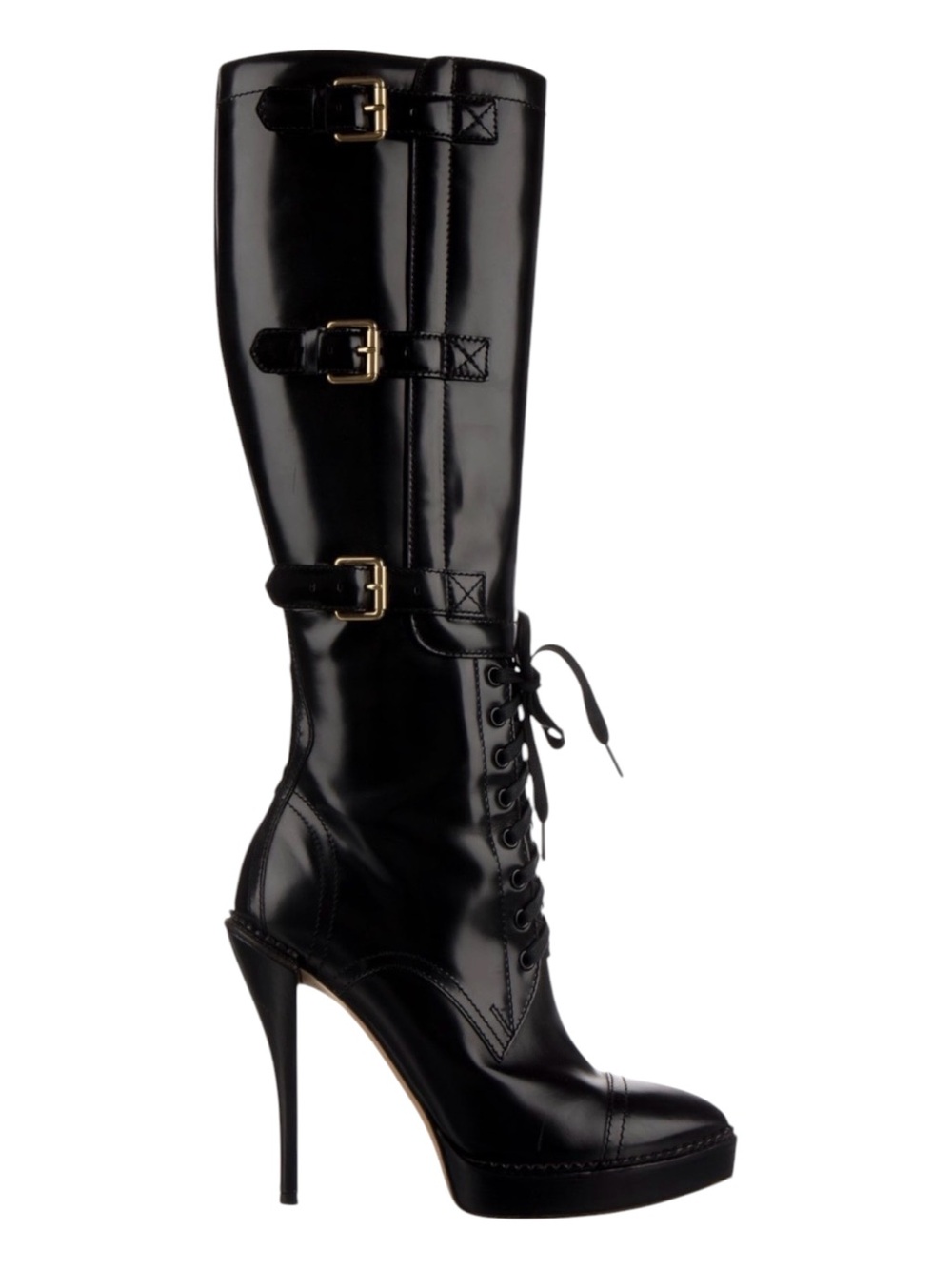 GUCCI Riddle 2009 Black Leather Platform Lace Up Buckle Knee High Boots Vintage